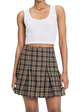Brandy Melville Navy and Tan Plaid Pleated Mini Skirt One Size